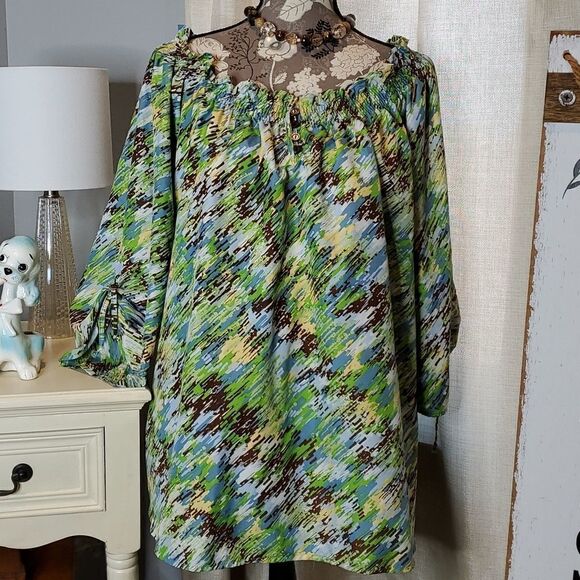 Lisa Josephs Sz 2X Convertible Sleeve Colorful Blouse, Plus Size Beauty - Picture 1 of 10